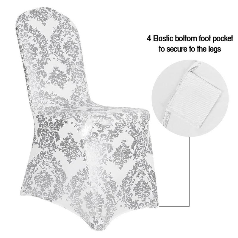Desirable Life Pack of 1 Dining Chair Covers Bronzing Silver Flower Print Removable Washable Spandex Stretch Decorative Chair Slipcovers Set for Party Wedding Home Decorations - Silver+White - Image 3